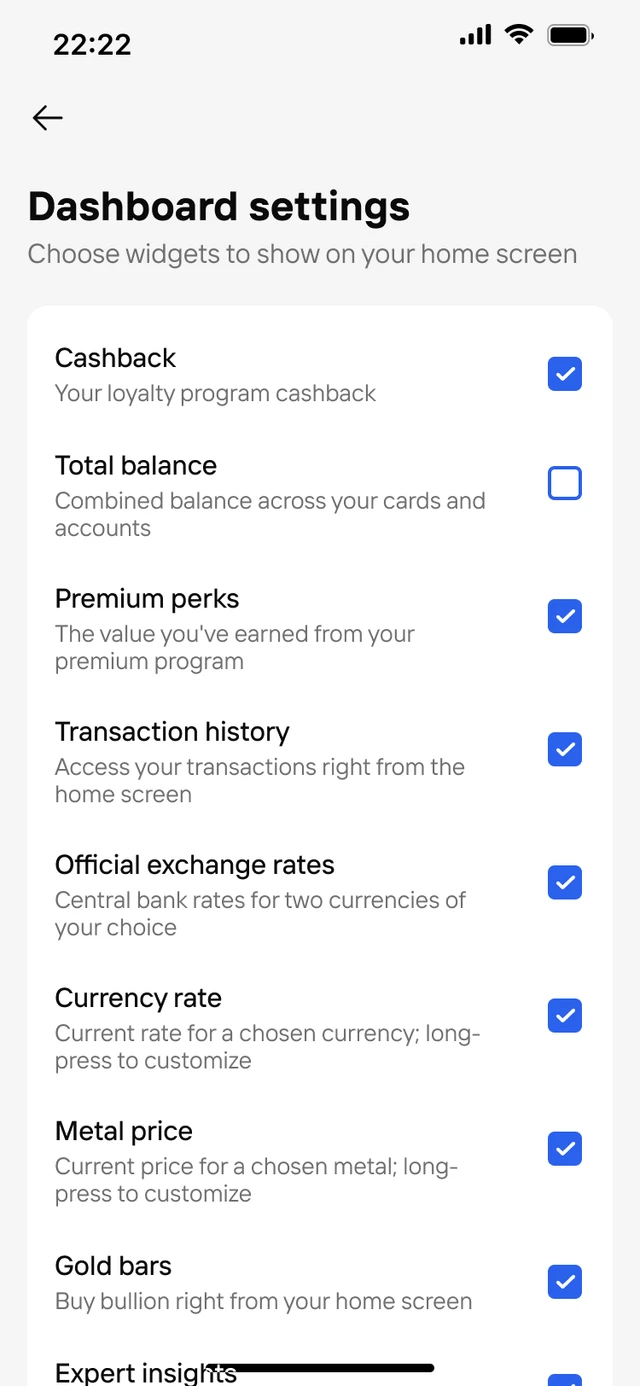 The settings page: a widget list with checkboxes