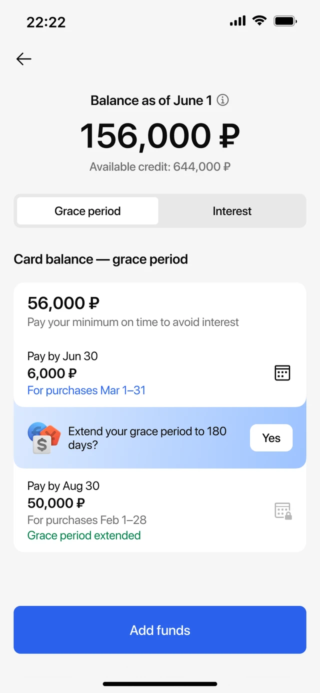 The Balance screen after the redesign, the "Grace period" tab