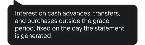 Tooltip triggered by the "i" button: "Interest on cash advances, transfers, and purchases outside the grace period, fixed on the day the statement is generated"