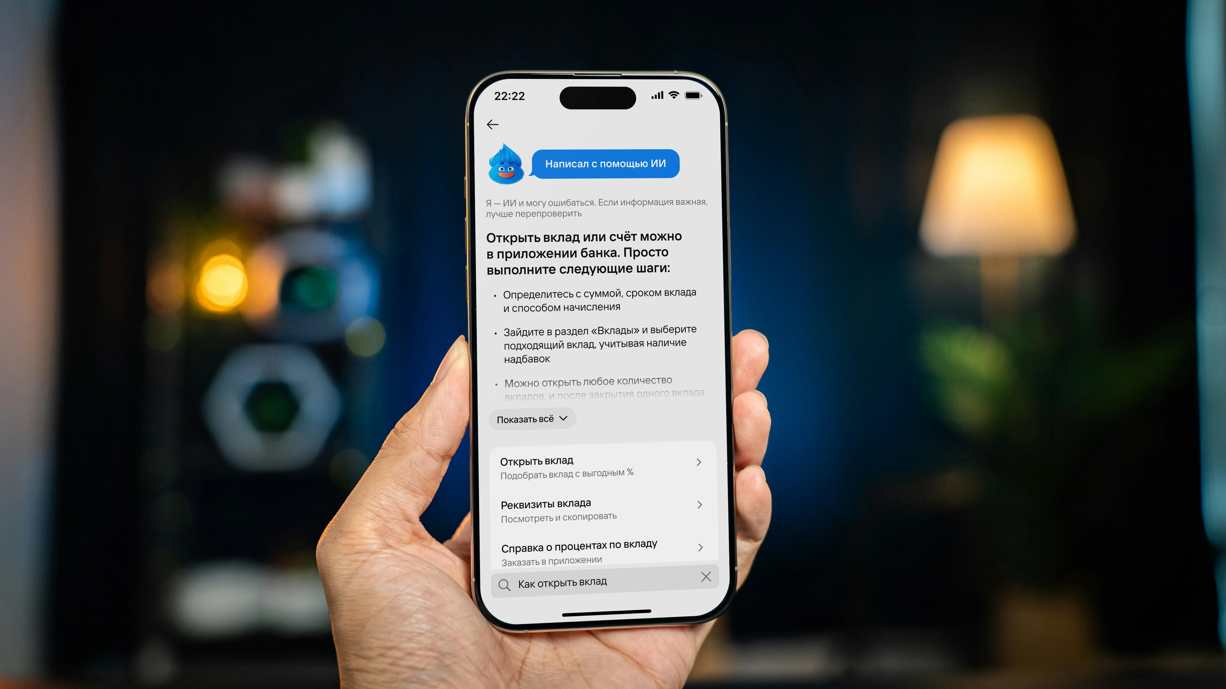 Рука держит iPhone с новым экраном поиска: ИИ-ассистент отвечает на вопрос «Как открыть вклад»
