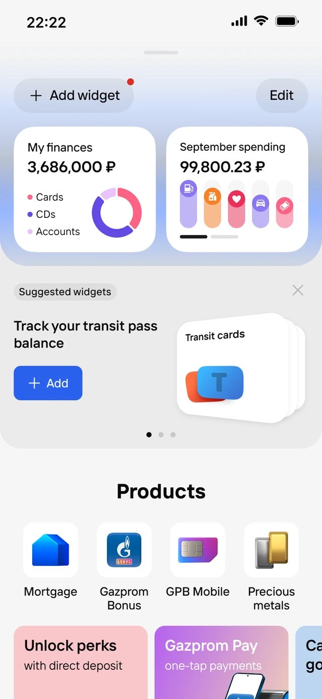 The "Featured widgets" carousel and a notification badge on the "Add widget" button