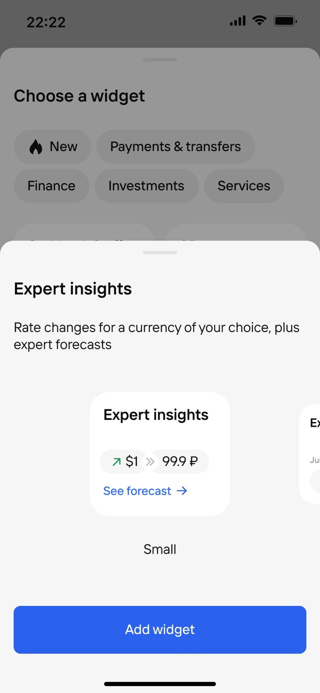 Widget card with size selection