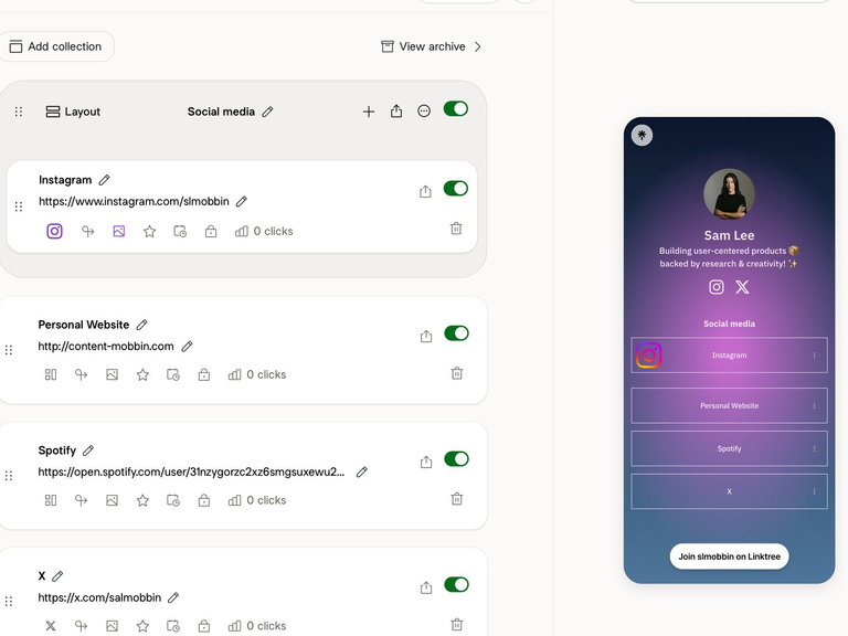 Linktree: Форма слева, живое превью телефона справа